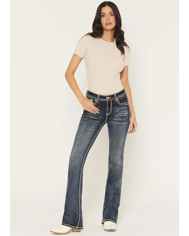 Grace LA Women's Medium Wash Mid Rise Embellished Bootcut Stretch Denim Jeans