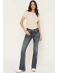 Grace LA Women's Medium Wash Mid Rise Embellished Bootcut Stretch Denim Jeans