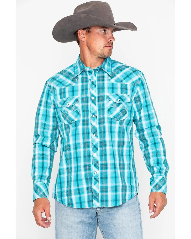 Rock & Roll Denim Men's Poplin Plaid Print Snap Long Sleeve Western Shirt