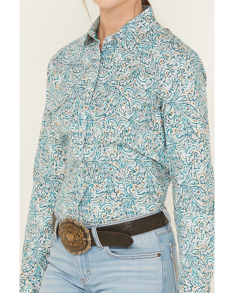 Rough Stock by Panhandle Women's Paisley Print Long Sleeve Pearl Snap Stretch Western Shirt