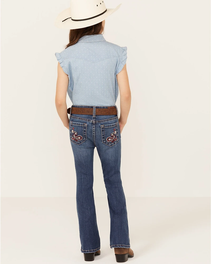 Shyanne Little Girls' Maren Medium Wash Embroidered Pocket Bootcut Comfort Stretch Denim Jeans