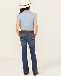 Shyanne Little Girls' Maren Medium Wash Embroidered Pocket Bootcut Comfort Stretch Denim Jeans