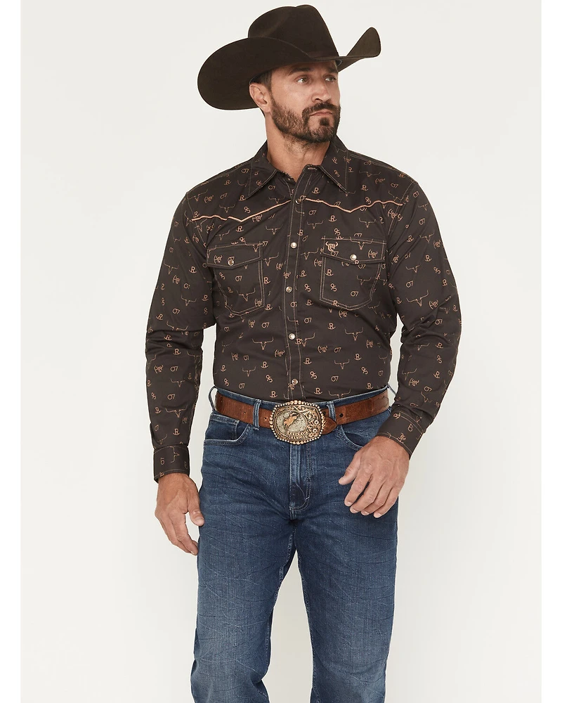 Cowboy Hardware Men's Brand Irons Print Long Sleeve Snap Stretch Western Shirt