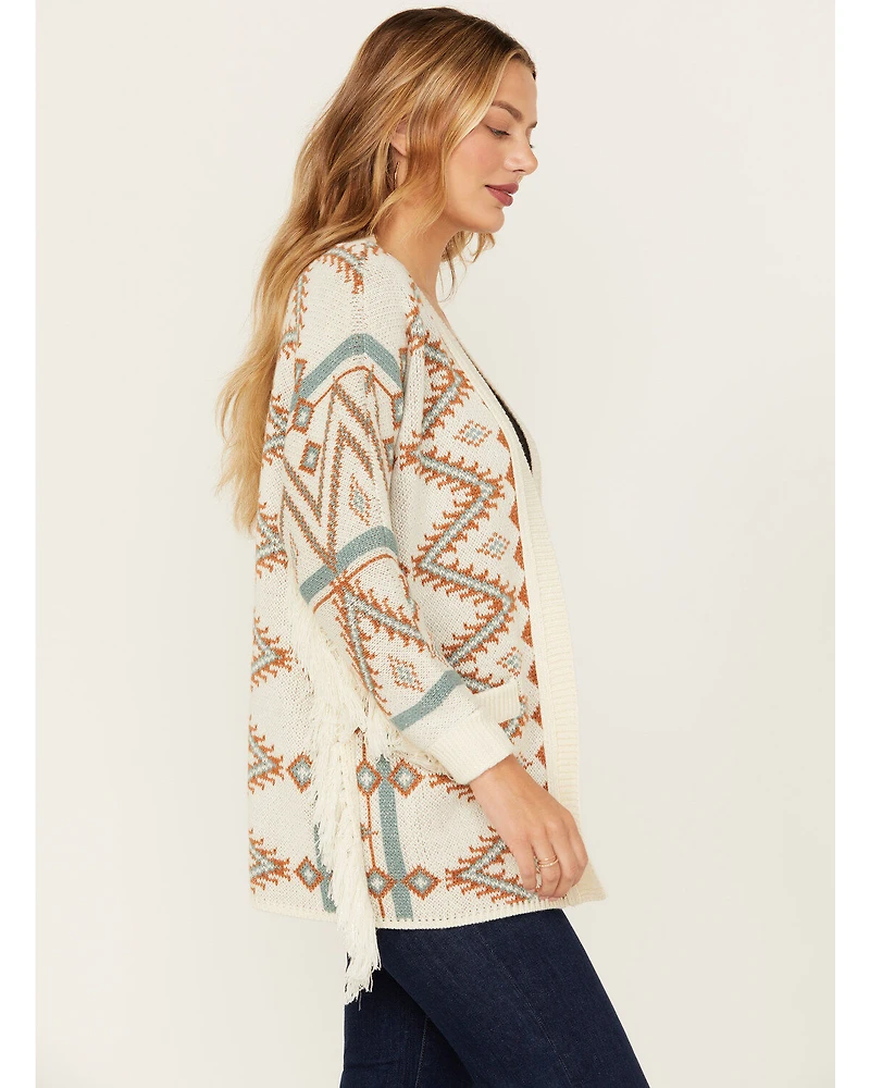 Shyanne Women's Southwestern Print Open Front Fringe Cardigan