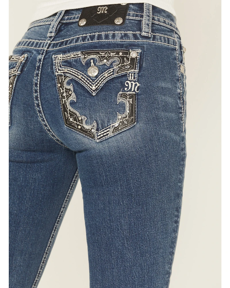 Miss Me Women's Dark Wash Mid Rise Pleather Border Flap Pocket 32" Bootcut Stretch Denim Jeans