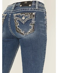 Miss Me Women's Dark Wash Mid Rise Pleather Border Flap Pocket 32" Bootcut Stretch Denim Jeans