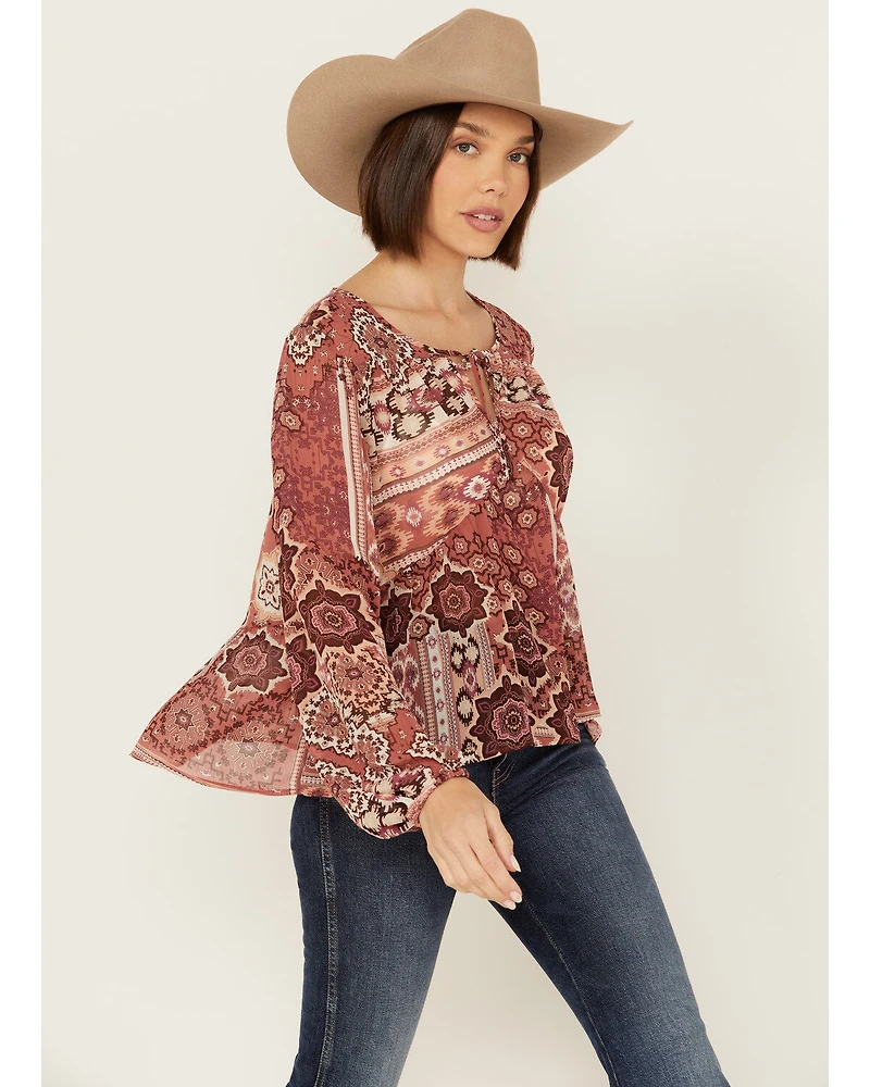 Shyanne Women's Printed Chiffon Long Sleeve Peasant Top