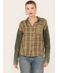 Mystree Women's Plaid Print Color Block Long Sleeve Button-Down Shirt