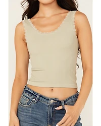 Fornia Women's Solid Lace Trim Sleeveless Cropped Tank Top