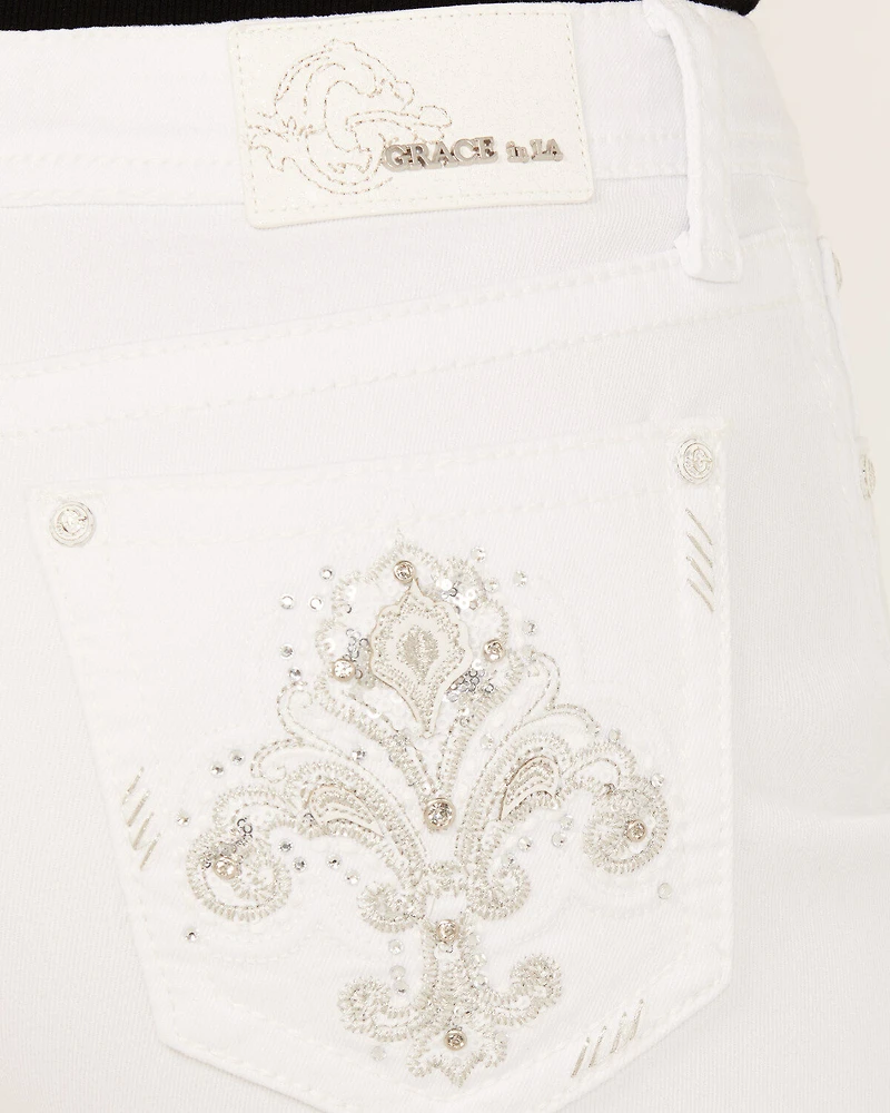 Grace LA Women's Fleur De Lis Pocket Mid Rise Bootcut Stretch Denim Jeans