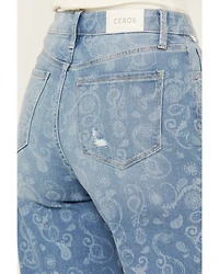 Ceros Women's Medium Wash High Rise Paisley Printed Wide Leg Straight Stretch Jeans