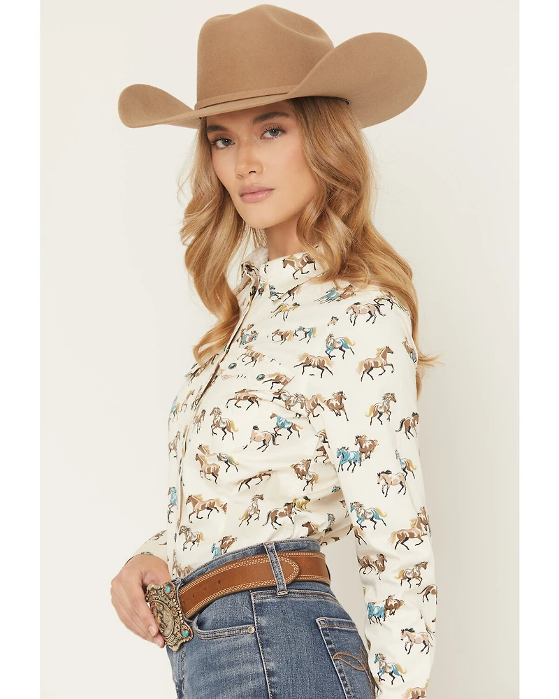 Shyanne Women's Horse Print Long Sleeve Snap Stretch Western Shirt