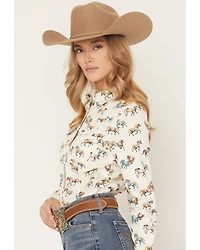 Shyanne Women's Horse Print Long Sleeve Snap Stretch Western Shirt