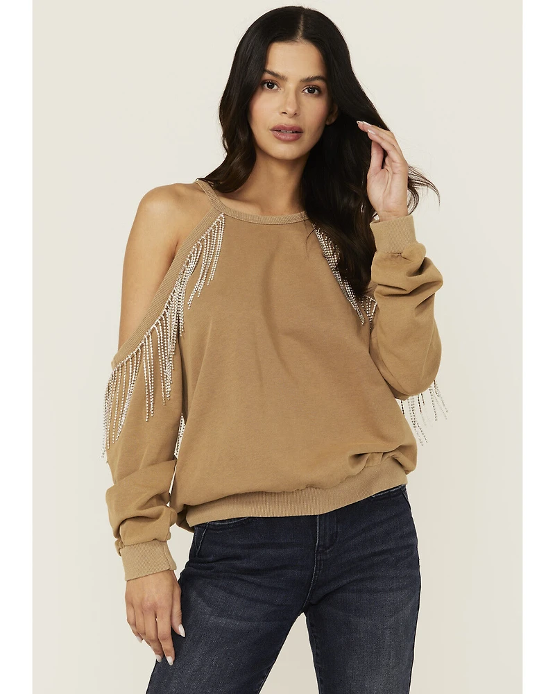 Blue B Women's Rhinestone Fringe Cold Shoulder Sweatshirt