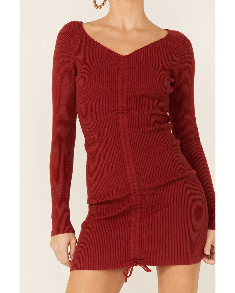 Lush Women's Long Sleeve Drawstring Sweater Mini Dress