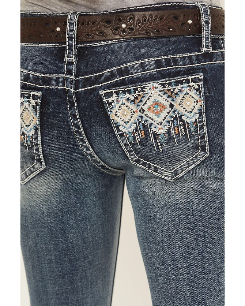 Grace LA Girls' Medium Wash Geo Diamond Pocket Bootcut Stretch Denim Jeans