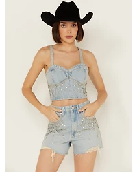 Blank NYC Women's Light Wash Starstruck Embellished Denim Crop Top