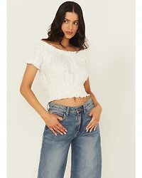 Cleo + Wolf Women's Eyelet Smocked Short Sleeve Crop Top