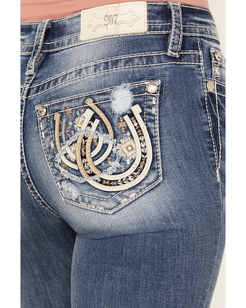 Miss Me Women's Medium Wash Mid Rise Horseshoe Pocket 34" Bootcut Stretch Denim Jeans