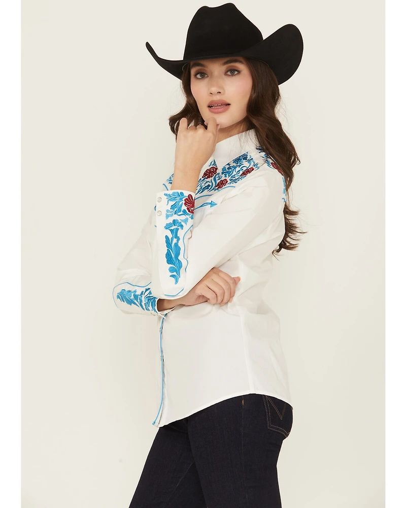 Rodeo Clothing Women's Floral Embroidered Long Sleeve Snap Stretch Western Shirt