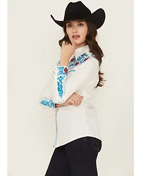 Rodeo Clothing Women's Floral Embroidered Long Sleeve Snap Stretch Western Shirt