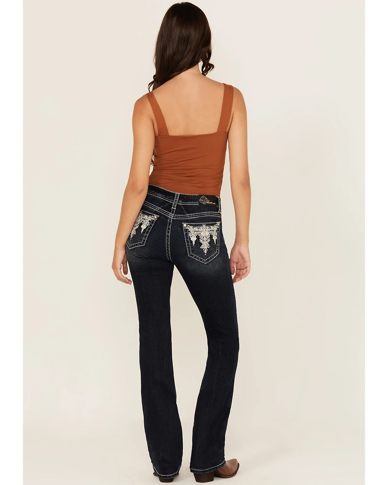 Grace LA Women's Dark Wash Geo Print Embroidered Mid Rise Bootcut Stretch Denim Jeans