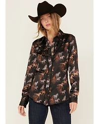 Rock & Roll Denim Women's Horse Print Fringe Long Sleeve Snap Stretch Western Shirt