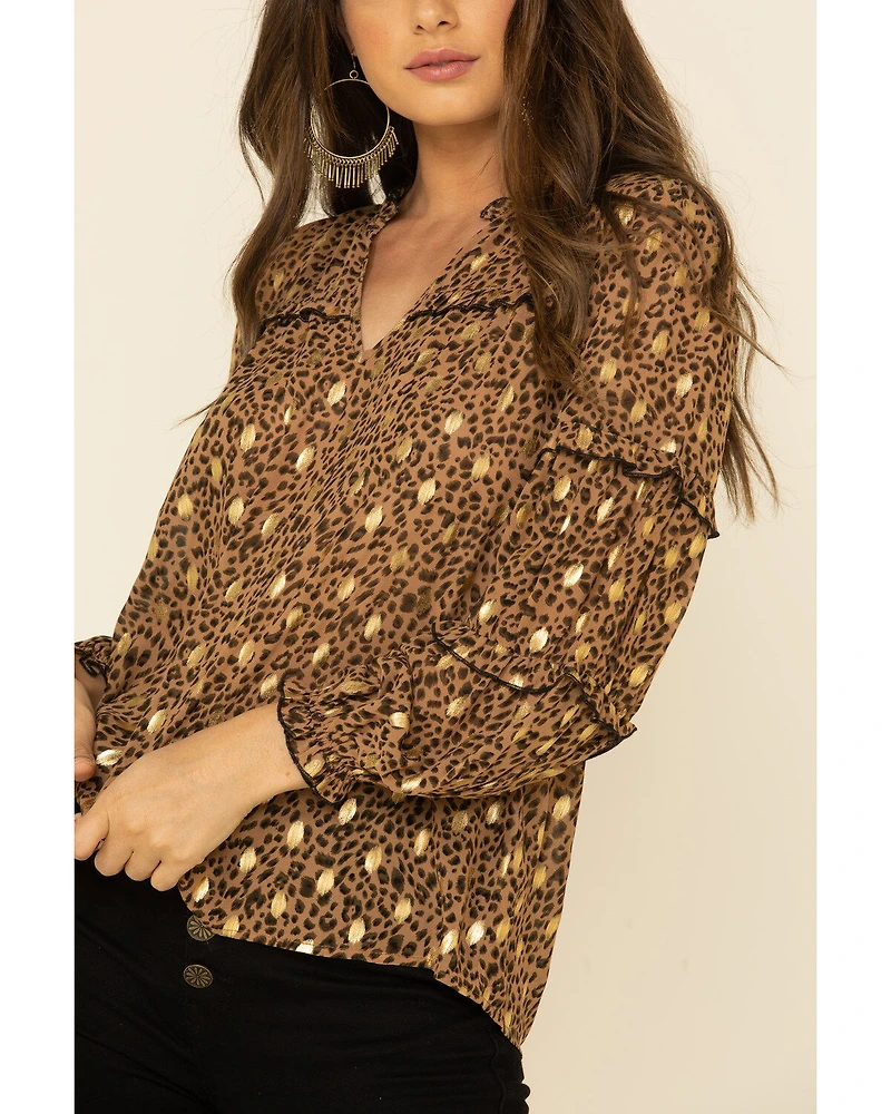 Mystree Women's Leopard Foil Puff Sleeve Blouse Top