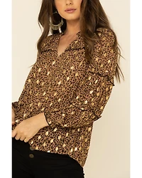 Mystree Women's Leopard Foil Puff Sleeve Blouse Top