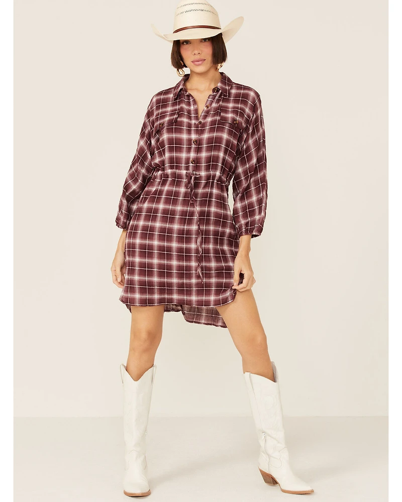 Wild Moss Women's Burgundy Long Sleeve Plaid Shirt Mini Dress