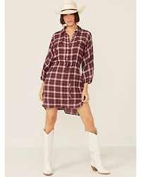 Wild Moss Women's Burgundy Long Sleeve Plaid Shirt Mini Dress