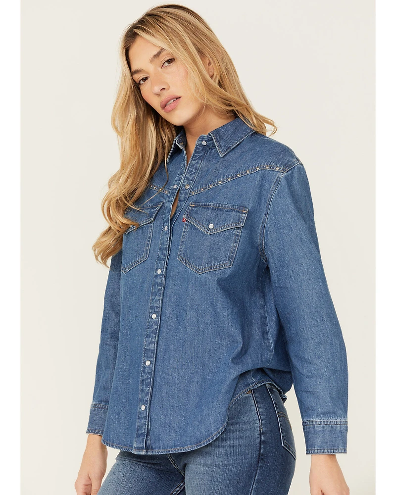 Levi's Women's Dark Medium Wash Sawyer Western Denim Studded Shirt