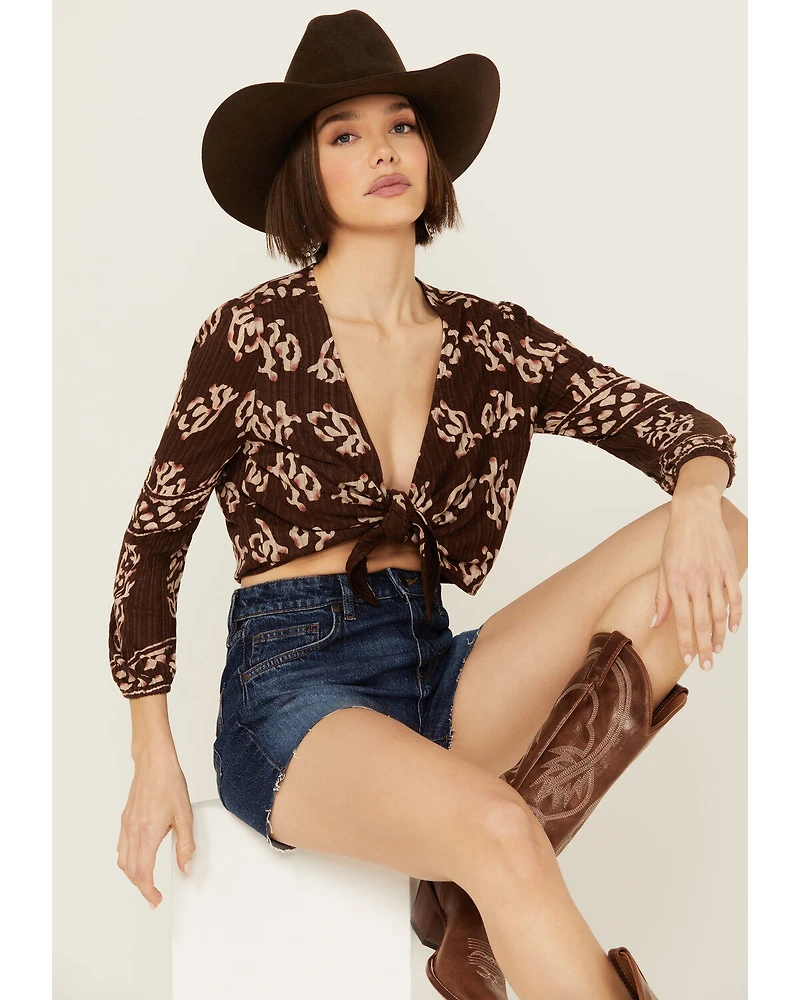 Shyanne Women's Printed Tie Front Long Sleeve Cropped Top