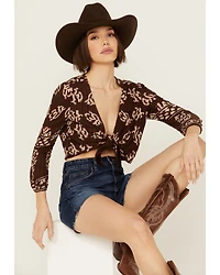 Shyanne Women's Printed Tie Front Long Sleeve Cropped Top