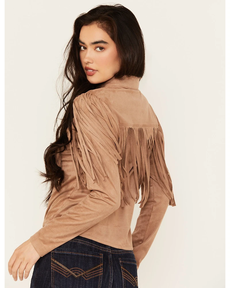 Idyllwind Women's Fate Faux Suede Fringe Long Sleeve Button-Down Tie-Front Shirt
