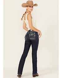 Miss Me Women's Dark Wash Mid Rise Whip Stitch Pocket 32" Bootcut Stretch Denim Jeans