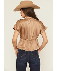 Shyanne Women's Satin Lace Trim Short Sleeve Button-Down Shirt