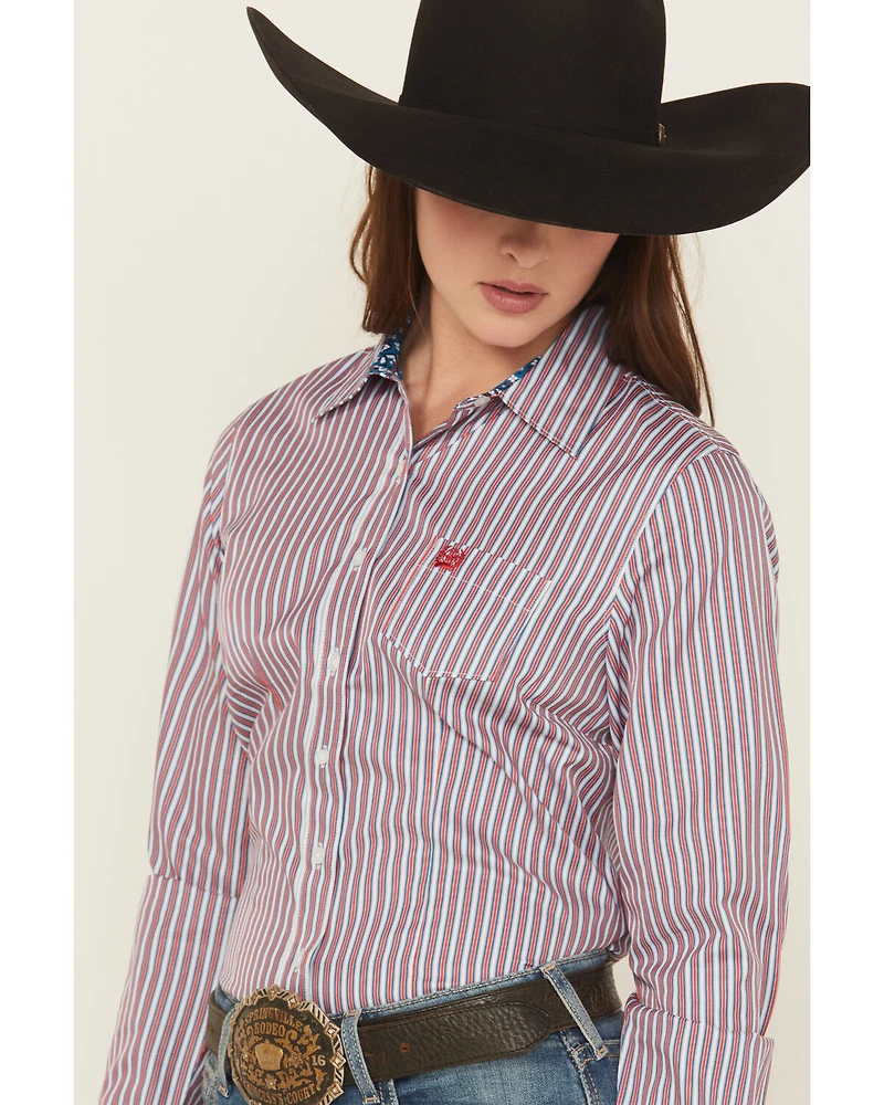 Cinch Women's Striped Print Long Sleeve Button-Down Shirt