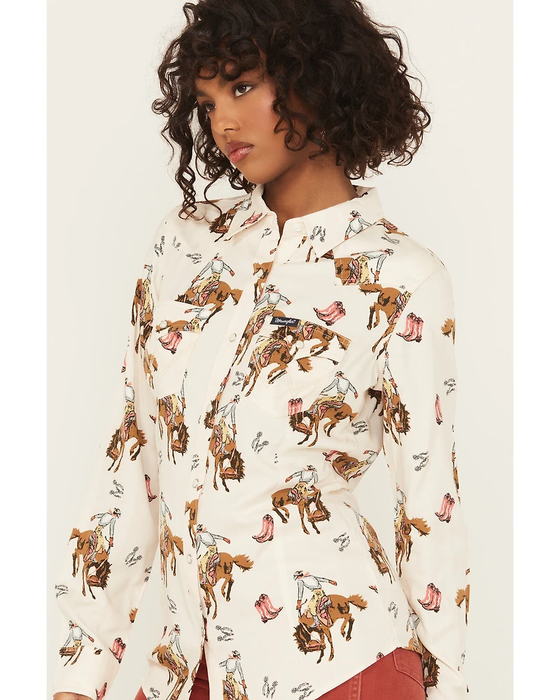 Wrangler Retro Women's Bucking Horse Conversational Print Long Sleeve Snap Western Shirt