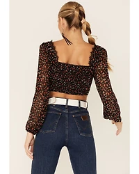 Lush Women's Lace Trim Rose Long Sleeve Crop Blouse