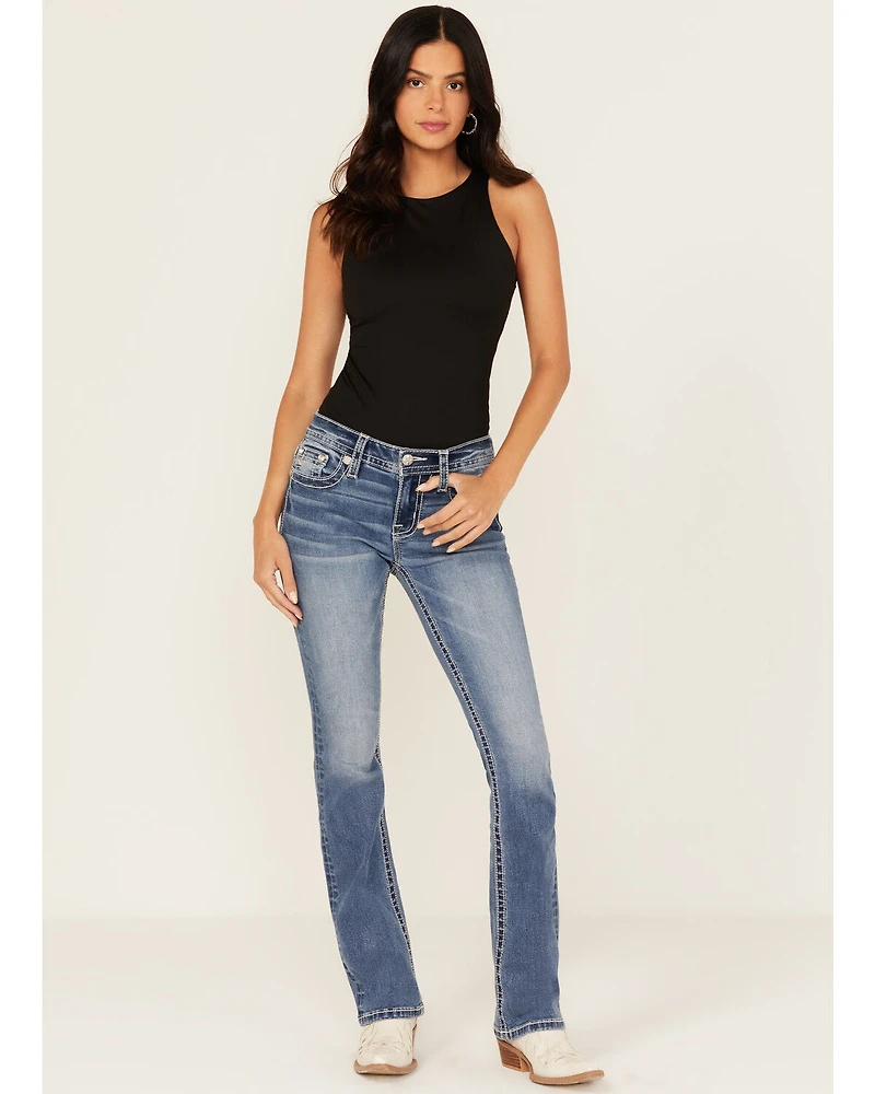 Miss Me Women's Medium Wash Slim Fit Fleur de Lis Pocket 32" Bootcut Stretch Denim Jeans
