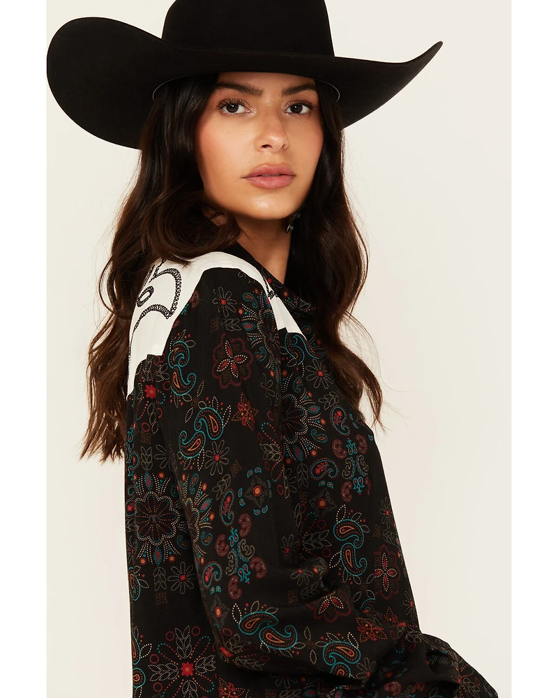 Panhandle Women's Floral Print Embroidered Long Sleeve Snap Western Shirt