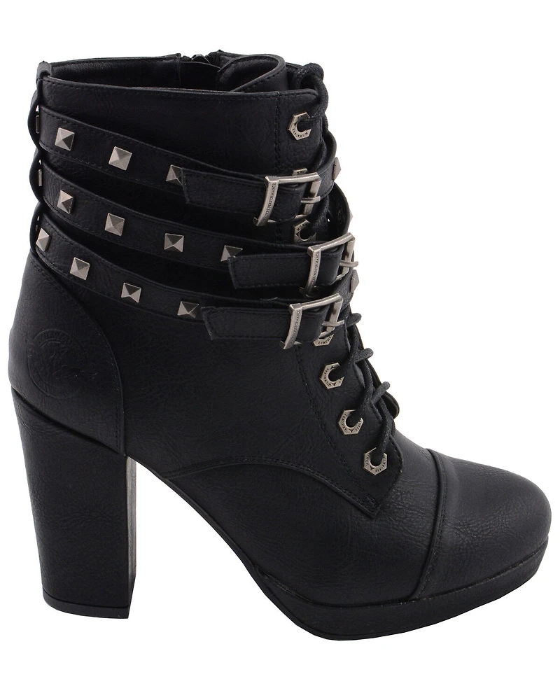 Milwaukee Leather Women's Studded Buckle Strap Laced Boots - Round Toe