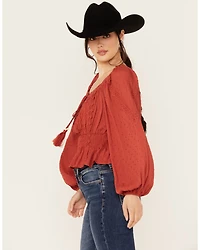 Miss Me Women's Embroidered Long Sleeve Peasant Top