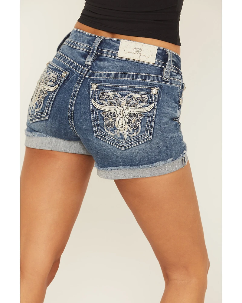 Miss Me Women's Medium Wash Mid Rise Longhorn Pocket Shorts