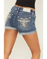 Miss Me Women's Medium Wash Mid Rise Longhorn Pocket Shorts