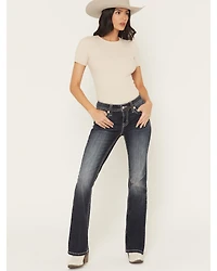 Miss Me Women's Medium Wash Mid Rise Fleur De Lis 32" Bootcut Stretch Denim Jeans