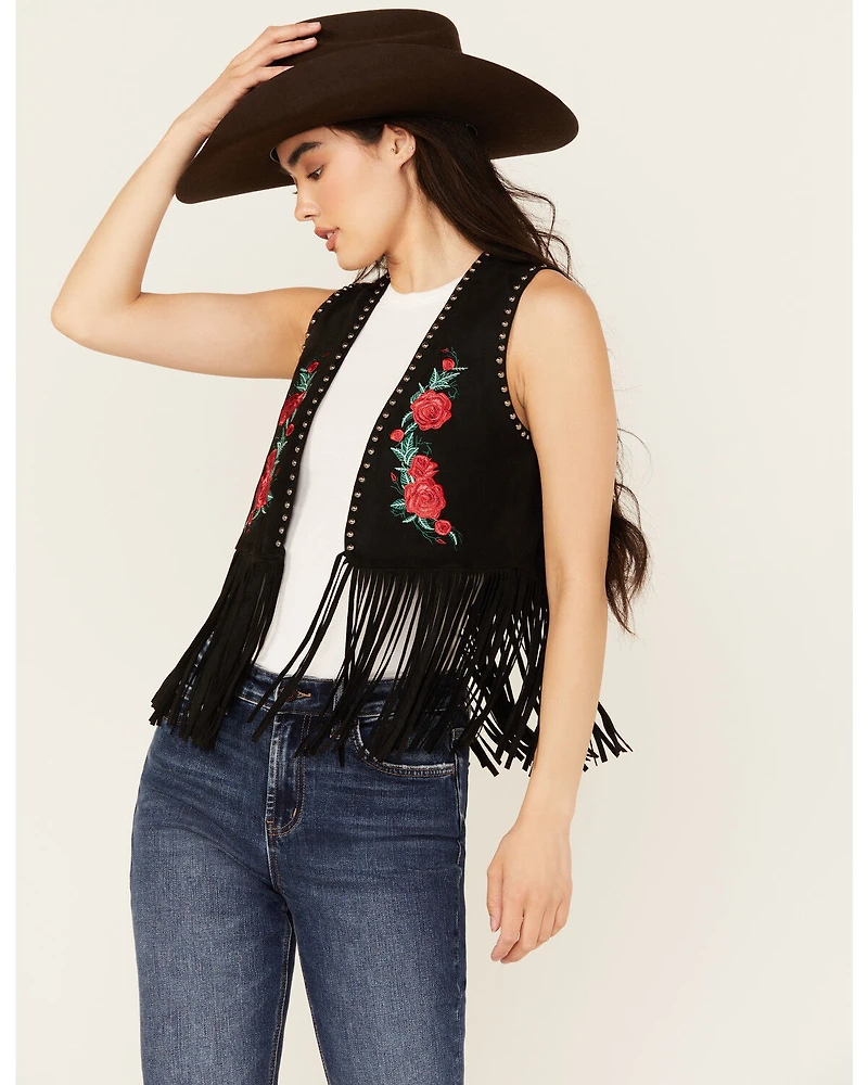 Vocal Women's Embroidered Rose Faux Suede Fringe Vest