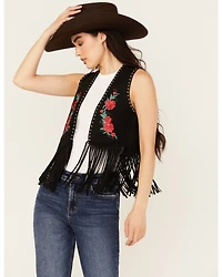 Vocal Women's Embroidered Rose Faux Suede Fringe Vest
