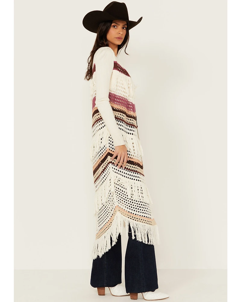 Shyanne Women's Long Striped Crochet Fringe Sweater Vest